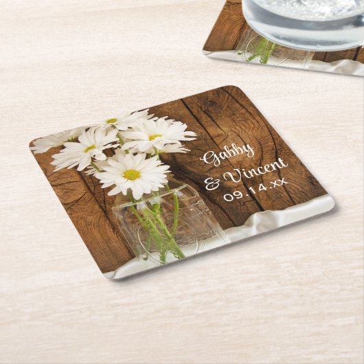 メイスンジャー&ホワイトデイジーカントリーウェディング スクエアペーパーコースター (アングル)