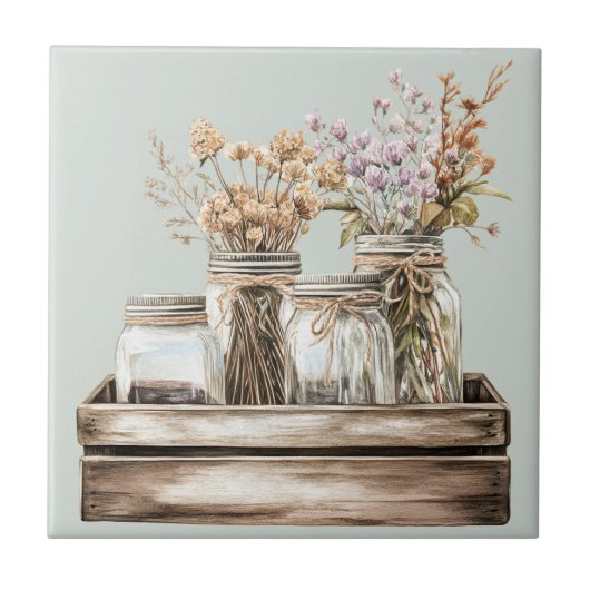 メイスンジャー、木造の木箱の農家のワイルドフラワー タイル (正面)