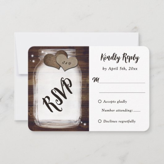 メイスンジャ素朴ールカントリーウッドバーラップ結婚ハート 出欠カード (正面)