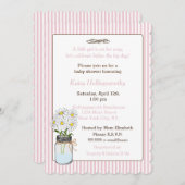 メイスンストライプジャーの赤ちゃんシャワーに花を付けたピンクの花 招待状 (正面/裏面)