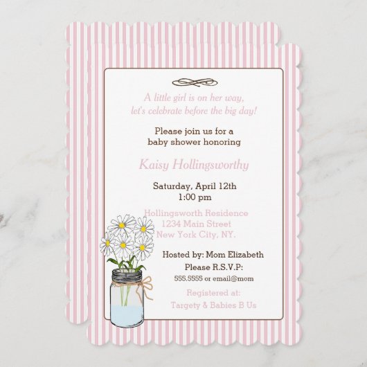 メイスンストライプジャーの赤ちゃんシャワーに花を付けたピンクの花 招待状 (正面/裏面)
