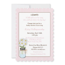 メイスンストライプジャーの赤ちゃんシャワーに花を付けたピンクの花