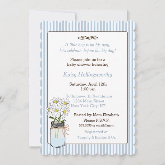 メイスンストライプジャーの赤ちゃんシャワー付きの青い 招待状 (正面)