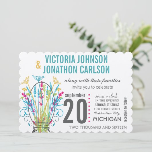 メイスンモダンジャールコーラルイエローライムフローラ結婚ズ 招待状 (スタンド正面)