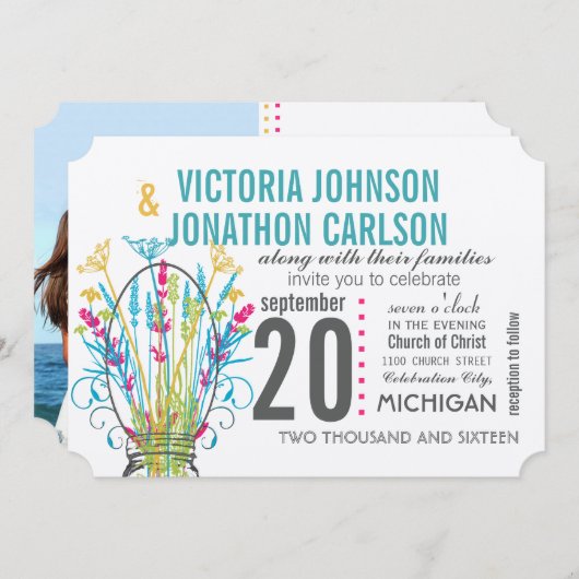 メイスンモダンジャールコーラルイエローライムフローラ結婚ズ 招待状 (正面/裏面)