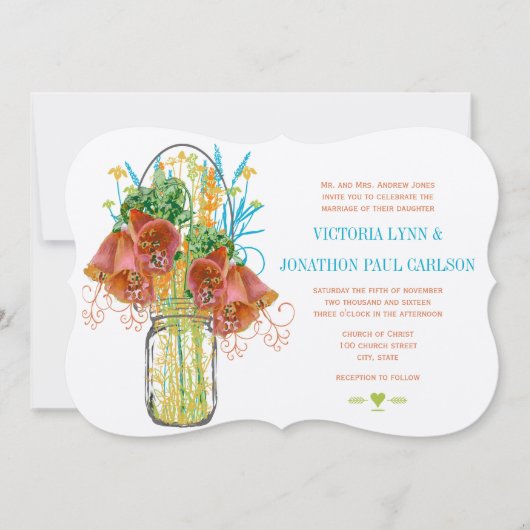 メイスンモダンジャールコーラルイエローライムフローラ結婚ズ 招待状 (正面)