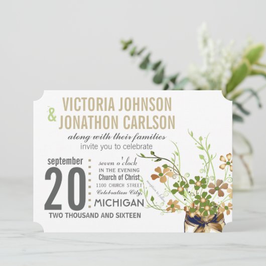 メイスンモダンジャール青銅とグリーンフローラズ結婚 招待状 (スタンド正面)