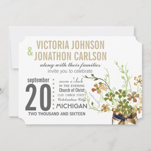 メイスンモダンジャール青銅とグリーンフローラズ結婚 招待状 (正面)