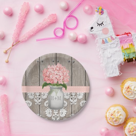 メイスンモノグラムのジャンプピンクアジサイ結婚ズ ペーパープレート (パーティー)