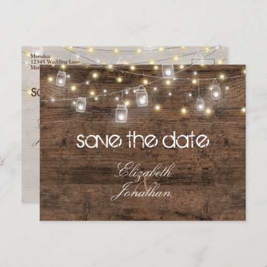 メイスン素朴の瓶とストリングライトが日付を保存 案内ポストカード (正面/裏面)