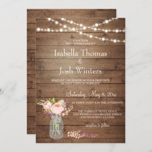 メイスン素朴ジャイルライトピンク牡丹結婚ブーケ 招待状 (正面/裏面)