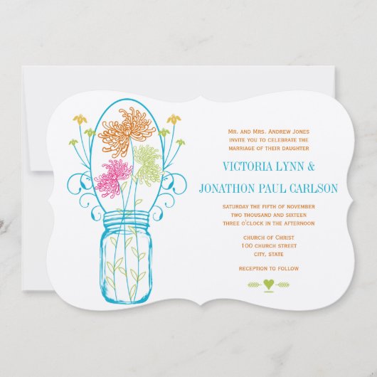 メイスン素朴ジャルピンクオレンジダイカットフローラ結婚ーズ 招待状 (正面)