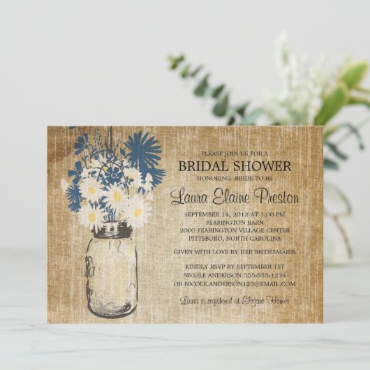 メイスン素朴ジャーとワイルドフラワーのデイジー 招待状 (スタンド正面)