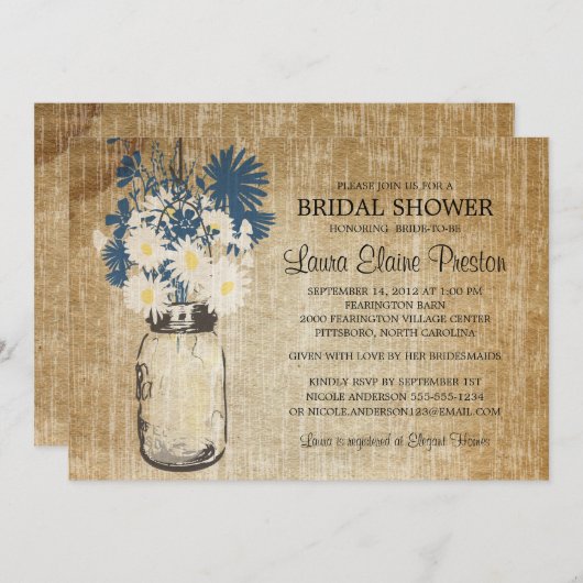 メイスン素朴ジャーとワイルドフラワーのデイジー 招待状 (正面/裏面)