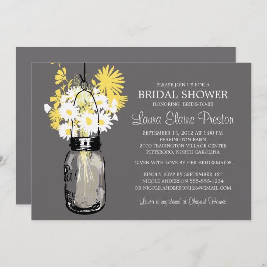 メイスン素朴ジャーとワイルドフラワーのデイジー 招待状 (正面/裏面)