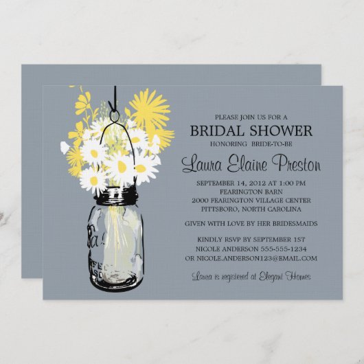 メイスン素朴ジャーとワイルドフラワーのデイジー 招待状 (正面/裏面)
