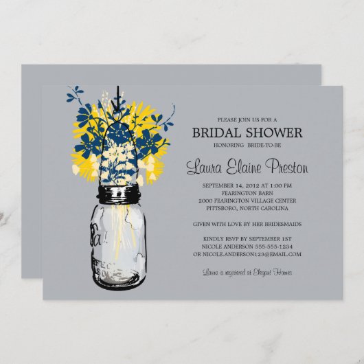 メイスン素朴ジャーとワイルドフラワーのブライダルシャワー 招待状 (正面/裏面)