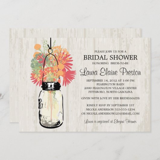 メイスン素朴ジャーとワイルドフラワー 招待状 (正面/裏面)