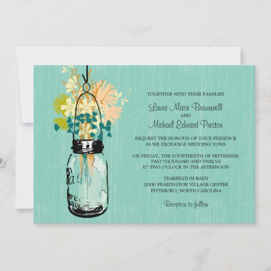 メイスン素朴ジャーとワイルドフラワー 招待状 (正面)