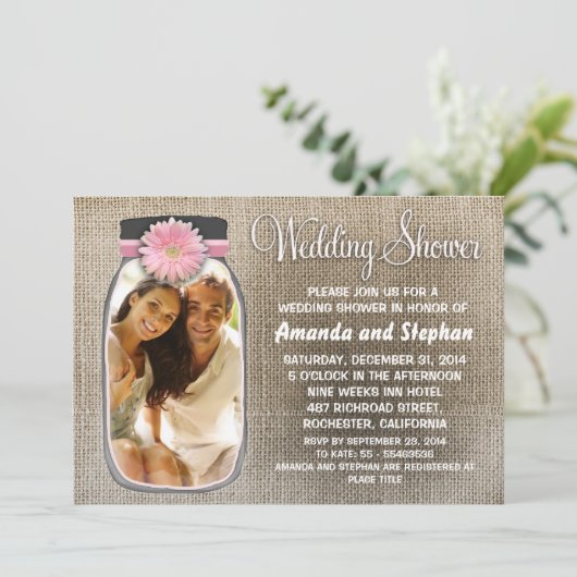メイスン素朴ジャーと写真ウェディングシャワー 招待状 (スタンド正面)