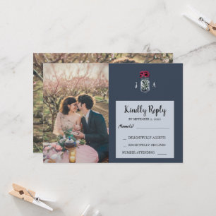メイスン素朴ジャーのネイビー青い写真結婚式RSVPカード 招待状