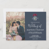 メイスン素朴ジャーのネイビー・ブルー・モノグラムの写真結婚の写真 招待状 (正面)