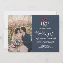 メイスン素朴ジャーのネイビー・ブルー・モノグラムの写真結婚の写真 招待状