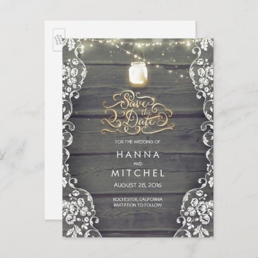 メイスン素朴ジャーのライトウッドレース日付を保存 案内ポストカード (正面/裏面)