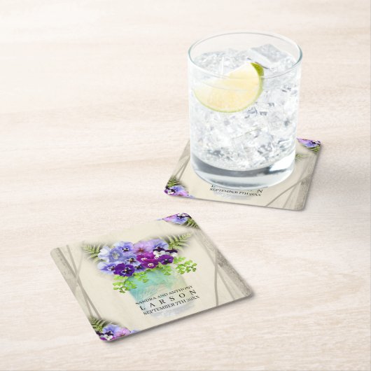 メイスン素朴ジャーの幾何学的な結婚パンジー スクエアペーパーコースター (インサイチュ)
