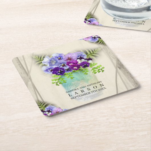 メイスン素朴ジャーの幾何学的な結婚パンジー スクエアペーパーコースター (アングル)