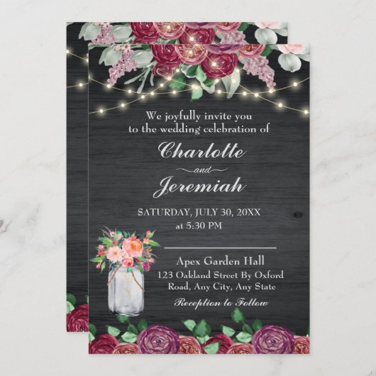 メイスン素朴ジャーの弦のライトブルゴーニュ結婚ズ 招待状 (正面/裏面)