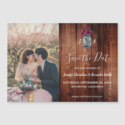 メイスン素朴ジャーの木のモノグラム写真Save the Date マグネット招待状 (正面)