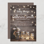 メイスン素朴ジャーの赤ちゃんシャワーウッドバーンバックグラウンド 招待状 (正面/裏面)