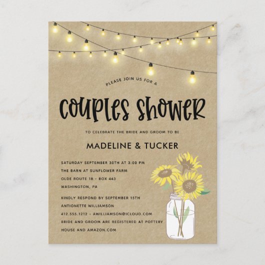 メイスン素朴ジャーひまわりライトカップルのシャワー ポストカード (正面)