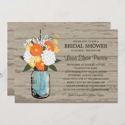 メイスン素朴ジャーガーベラデイジーブライダルシャワー 招待状 (正面/裏面)