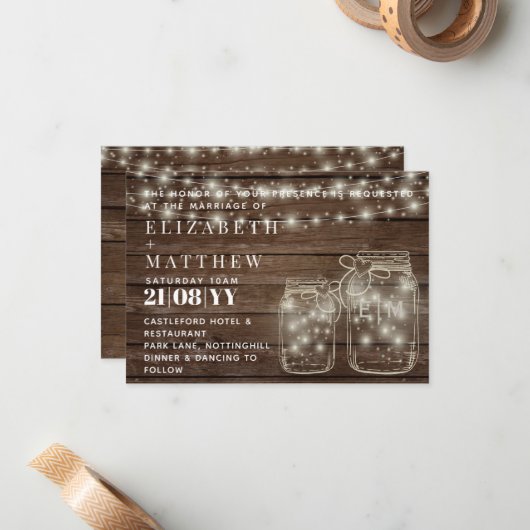 メイスン素朴ジャースがEnvで結婚式の招待を点灯。 ノートカード (正面/裏面インサイチュ)