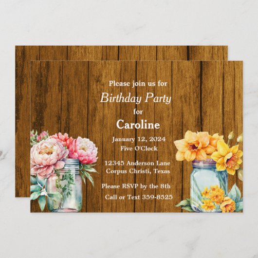 メイスン素朴ジャースとフラワーズバーンバースデーパーティー 招待状 (正面/裏面)