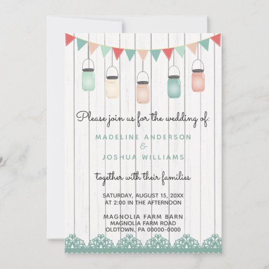 メイスン素朴ジャースの弦の光が木の結婚上に 招待状 (正面)