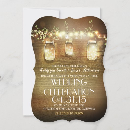 メイスン素朴ジャースストリングライツエレガントな結婚式 招待状 (正面)