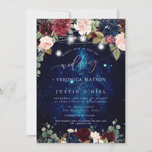 メイスン素朴ジャースミッドナイトスカイブルゴーニュの花 招待状 (正面)
