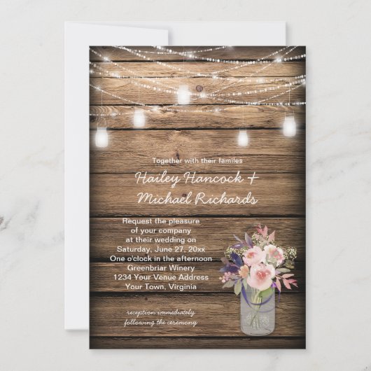 メイスン素朴ジャースライトワイルドフラワーズバ結婚ーン 招待状 (正面)