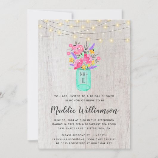 メイスン素朴ジャーフローラライトブライダルシャワーインヴィ 招待状 (正面)