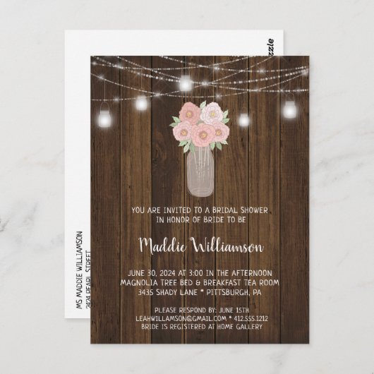 メイスン素朴ジャーフローラライトブライダルシャワー ポストカード (正面/裏面)