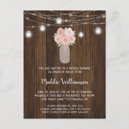 メイスン素朴ジャーフローラライトブライダルシャワー ポストカード (正面)
