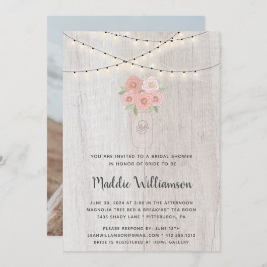 メイスン素朴ジャーフローラライト写真ブライダルシャワー 招待状 (正面/裏面)