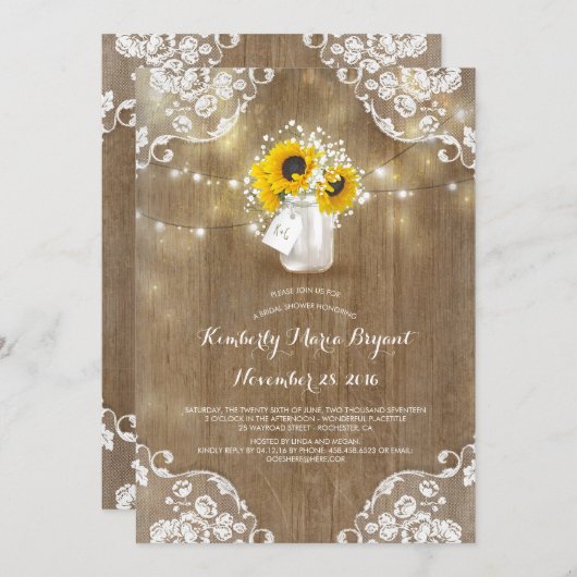メイスン素朴ジャールひまわりブライダルシャワー 招待状 (正面/裏面)