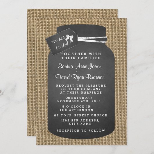 メイスン素朴ジャールバーラップ結婚式招待状 招待状 (正面/裏面)