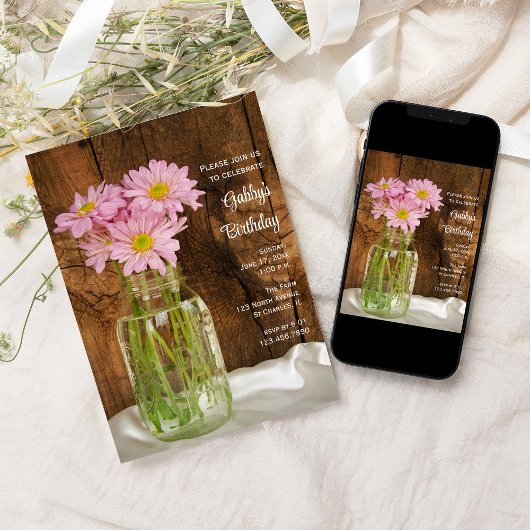 メイスン素朴ジャールピンクデイジーズバーンバースデーパーティー 招待状