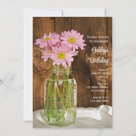 メイスン素朴ジャールピンクデイジーズバーンバースデーパーティー 招待状 (正面)