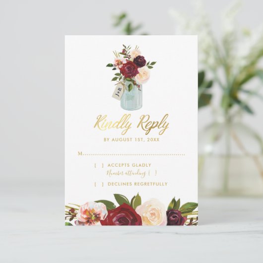 メイスン素朴ジャールブルゴーニュ海軍金ゴールド結婚式RSVP 出欠カード (スタンド正面)